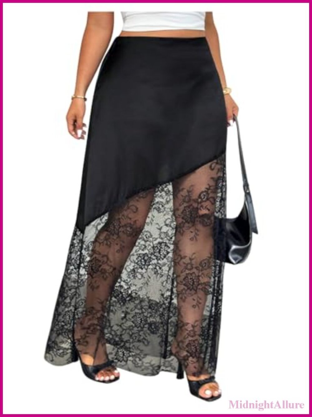 Plus Size Lace Satin Maxi Skirt High Waisted Patchwork Flowy